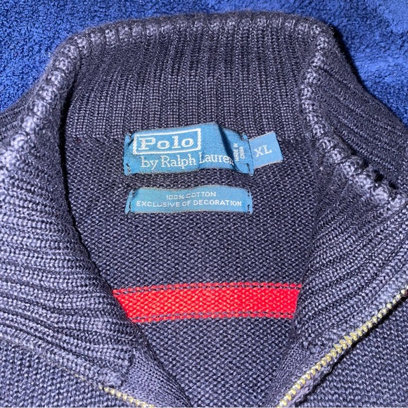 Polo Ralph Lauren Men’s Quarter Zip Sweater Navy Blue Red Striped Knit Pullover - Picture 2 of 5